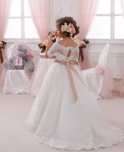 Cheap White Flower Girl Dresses Lace Ball Gown Off Shoulder