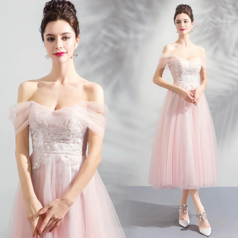 Cocktail Dress Online A Line Tea Length Light Pink - Image 7