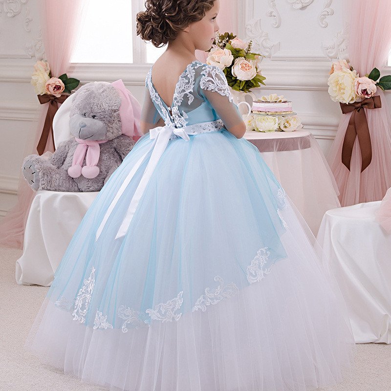 blue and white ball gown