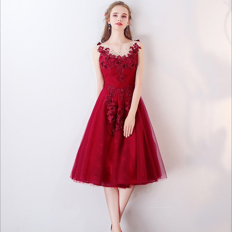 Knee Length Cocktail Dress Red Lace 