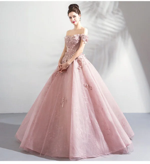 Pink Ball Gown Prom Dress Lace Flower ...