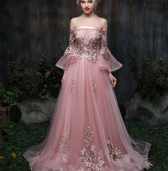 Princess Prom Dress Pink A Line Wedding Dress With Train