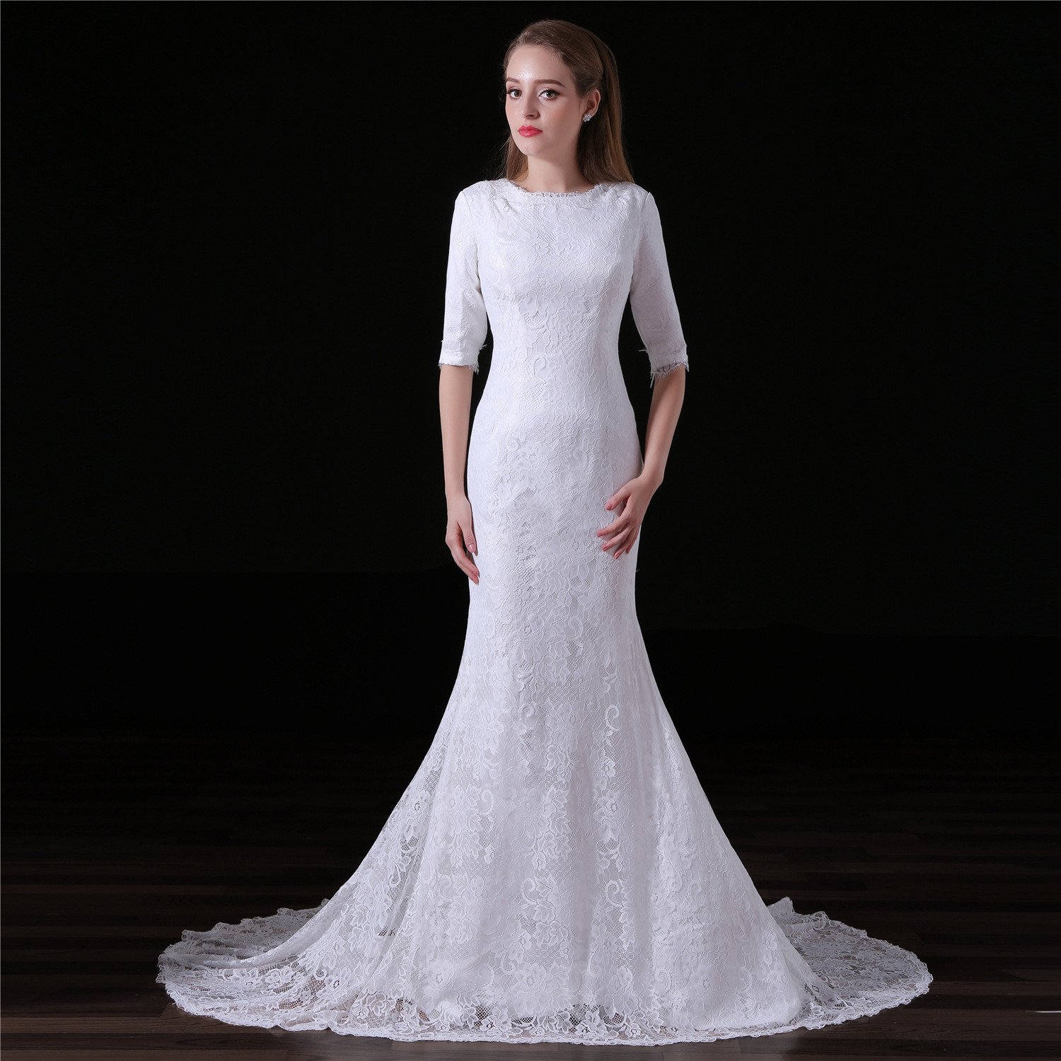 Simple Mermaid Wedding Dress Lace Bridal Gown With Train