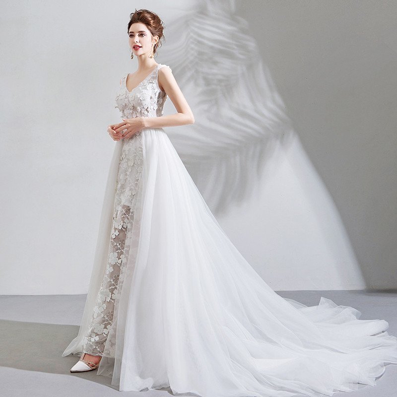 Train Wedding Dress V Neck A Line Open Back With Flowers