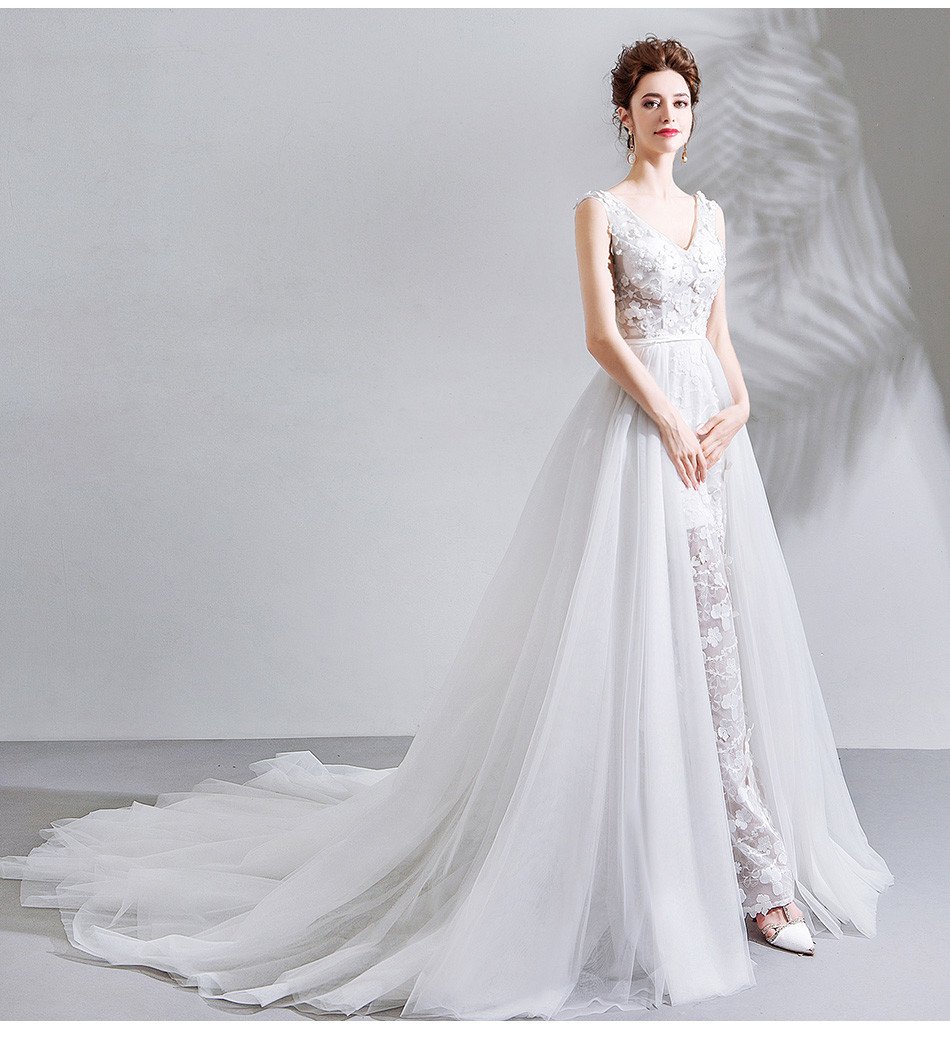Train Wedding Dress V Neck A Line Open Back With Flowers