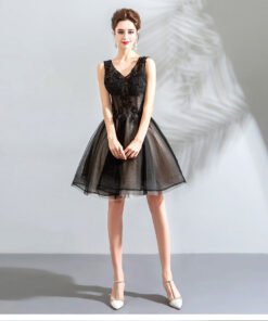 v neck black cocktail dress-0885-04