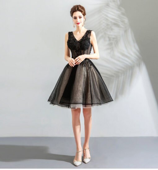 v neck black cocktail dress-0885-06