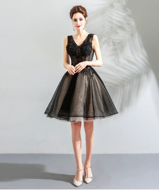 v neck black cocktail dress-0885-06