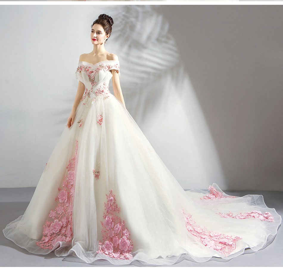 White And Pink Wedding Dress With Train 