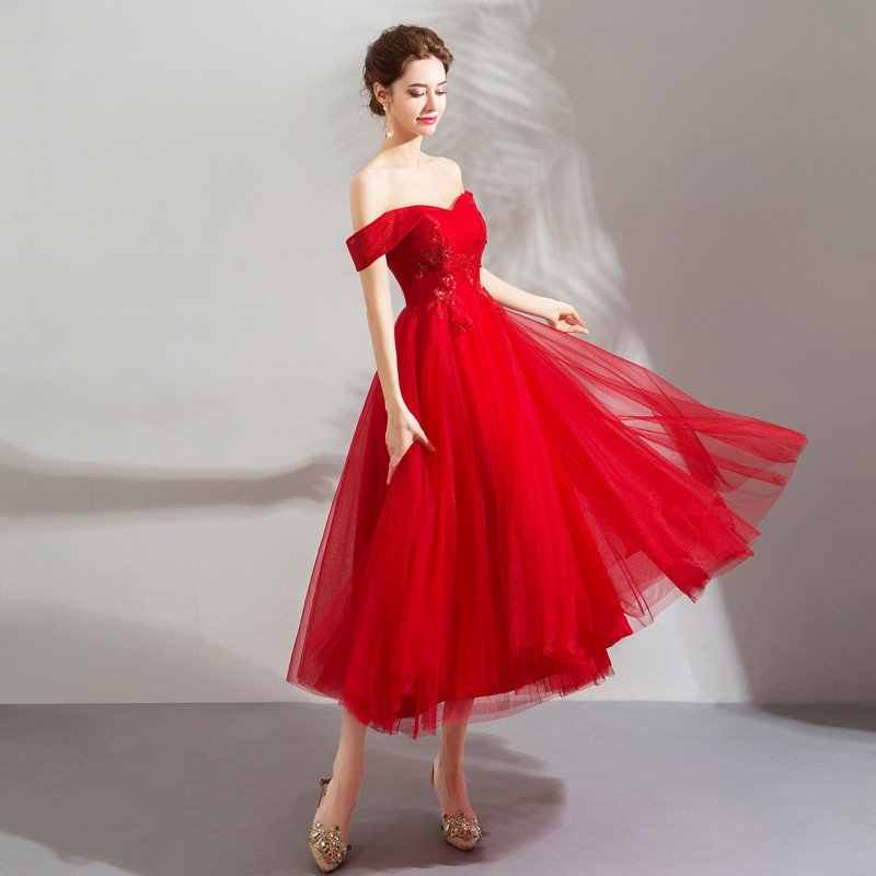 Red Cocktail Dress Under 100 Tea Length A Line Prom Dress