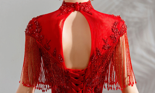 Red Crystal Prom dress High Neck A Line Long Evening Dress - Image 6