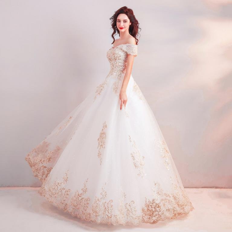 White And Gold Wedding Dress Princess Lace Bridal Dress