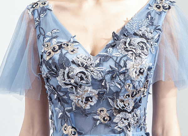 blue formal dress v neck-0939-01