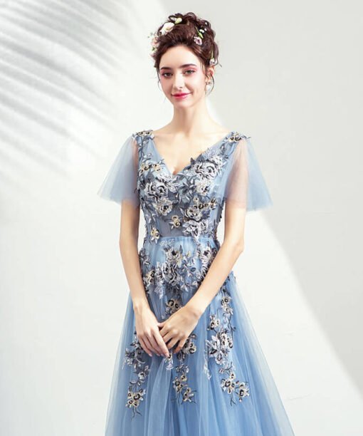 blue formal dress v neck-0939-02