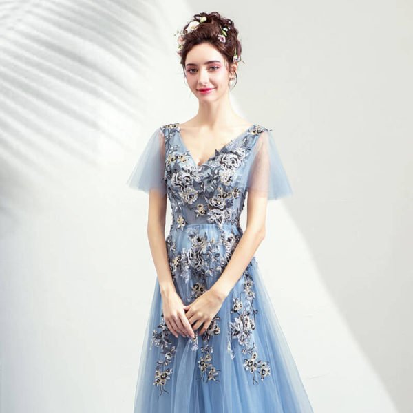 blue formal dress v neck-0939-02