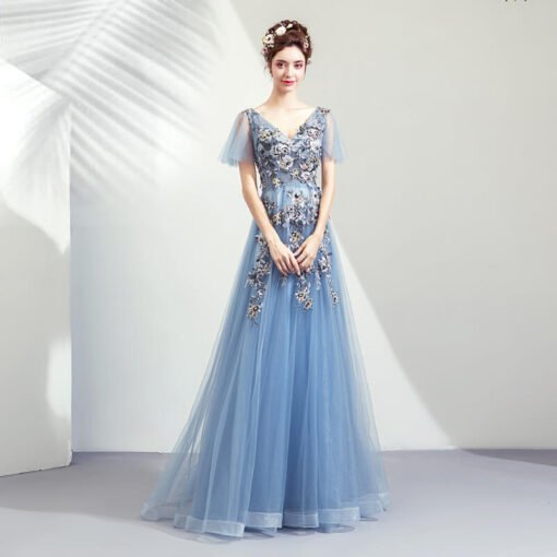 blue formal dress v neck-0939-03