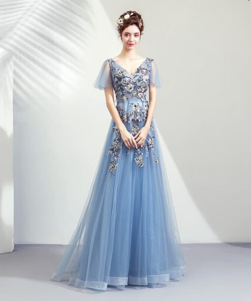 blue formal dress v neck-0939-03