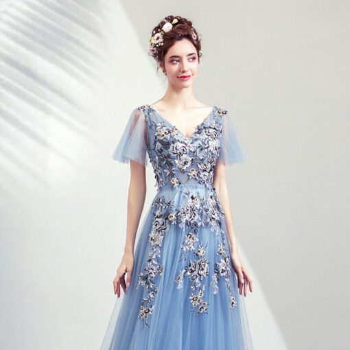 blue formal dress v neck-0939-04