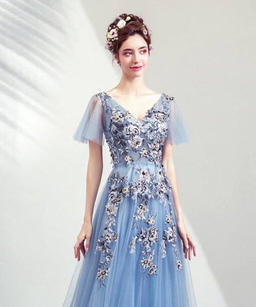 blue formal dress v neck-0939-04