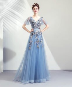blue formal dress v neck-0939-05
