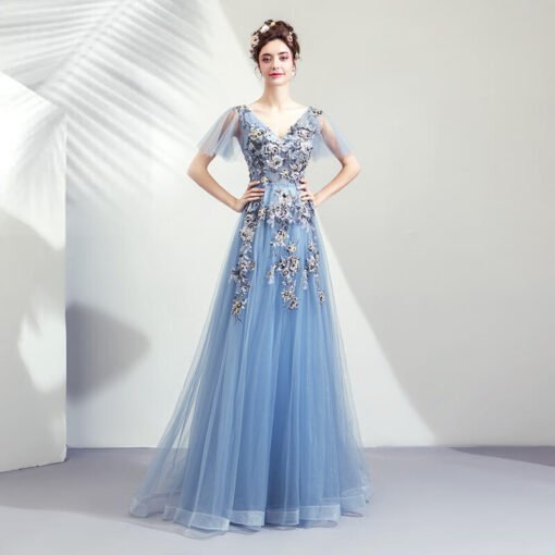 blue formal dress v neck-0939-05