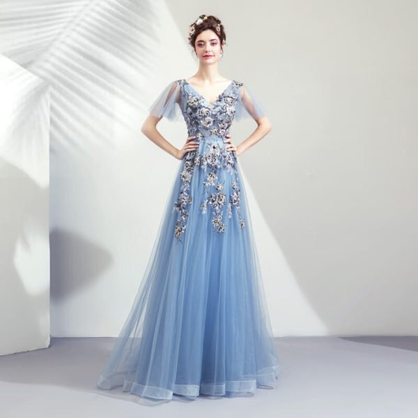 blue formal dress v neck-0939-05