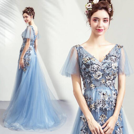 blue formal dress v neck-0939-06