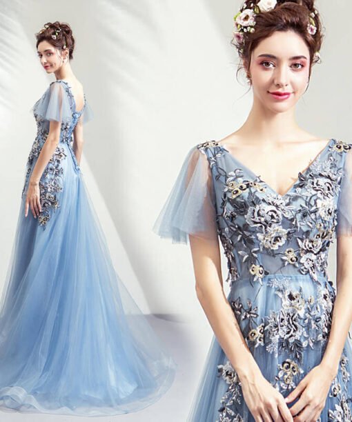 blue formal dress v neck-0939-06