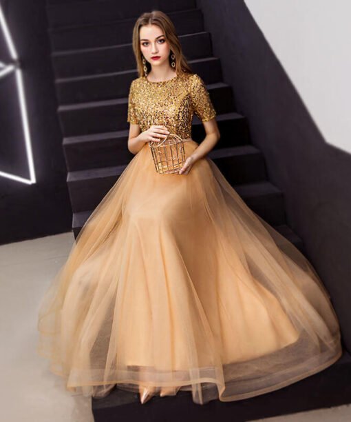 gold long dress with sleeves-0932-06
