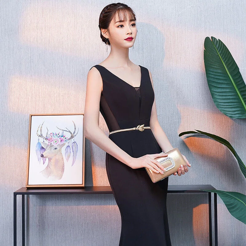 v neck black dress-0928-01