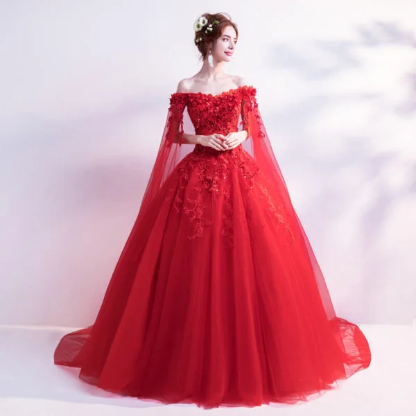 Wedding Dress With Cape Train Red Ball ...