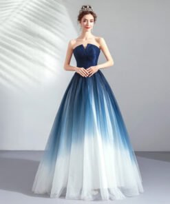 Strapless Prom Dress Long Blue And White Ball Gown