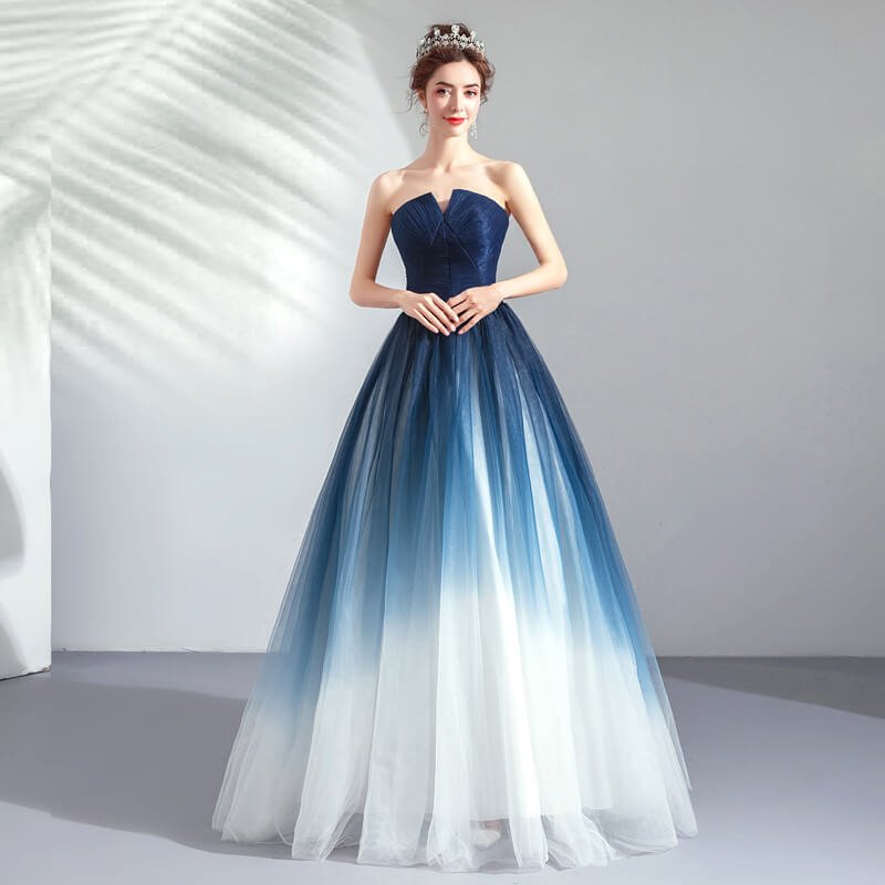 blue and white ball gown