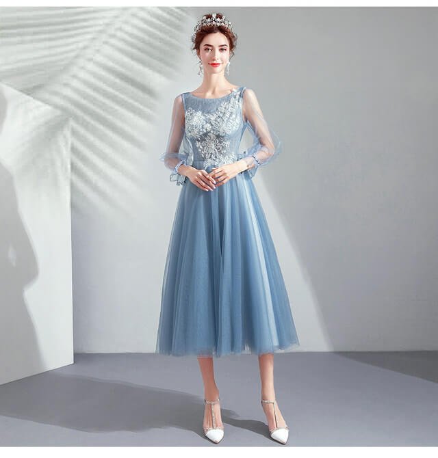 Tea Length Bridesmaid Dresses Blue A Line Long Sleeve