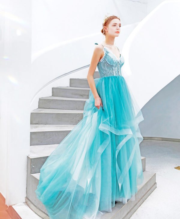 Spaghetti Strap Prom Dress Peacock Blue Long Evening Dress - Image 5