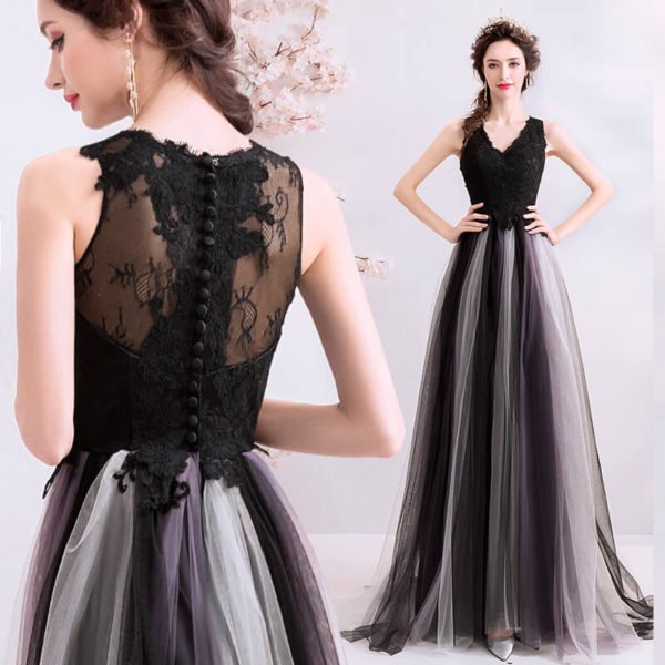 Black A Line Dress V Neck Sleeveless Long Evening Dress - Image 5