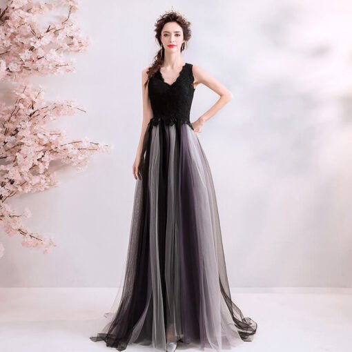 Black A Line Dress V Neck Sleeveless Long Evening Dress - Image 4