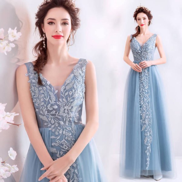 Prom Dress Sale V Neck Blue A Line Long Bridesmaid Dress - Image 4