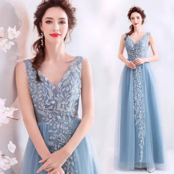 Prom Dress Sale V Neck Blue A Line Long Bridesmaid Dress - Image 4