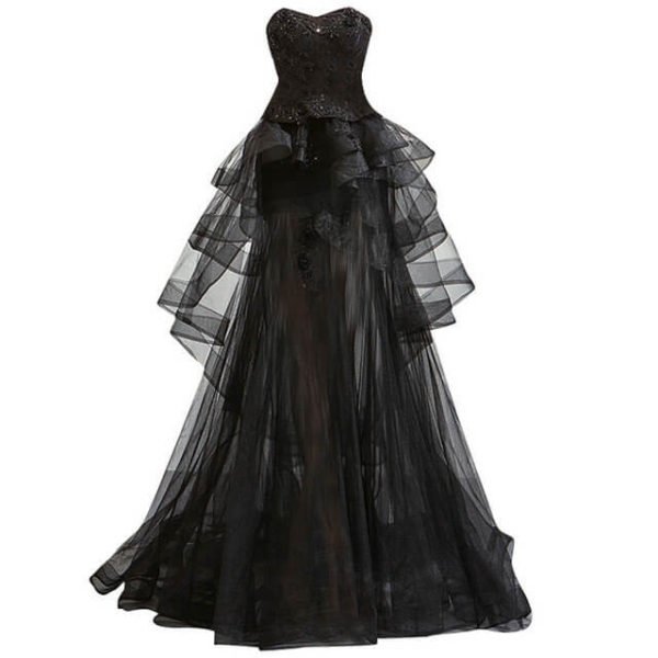 Black Strapless Dress A Line Tiered Long Prom Dress - Image 5