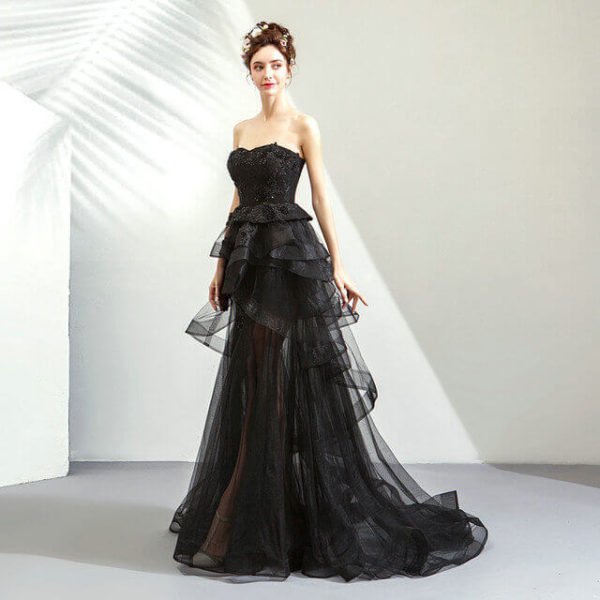 Black Strapless Dress A Line Tiered Long Prom Dress - Image 4