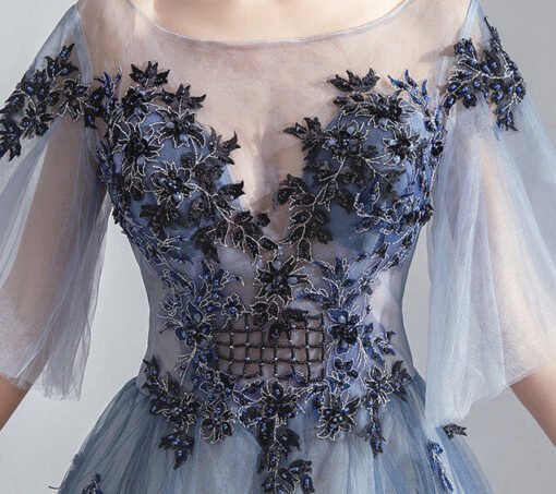 Blue And White Prom Dress A Line Floor Length With Sleeves - Image 6