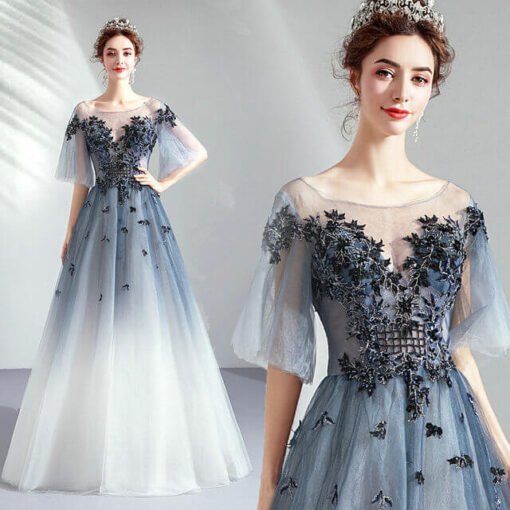 Blue And White Prom Dress A Line Floor Length With Sleeves - Image 4