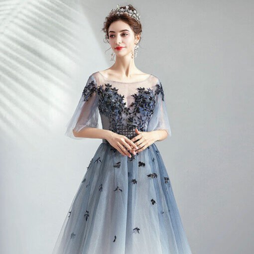 Blue And White Prom Dress A Line Floor Length With Sleeves - Image 3