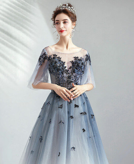 blue and white ombre prom dress Modest Royal Blue Long Flowy Evening Prom Dresses With Lace Appliques