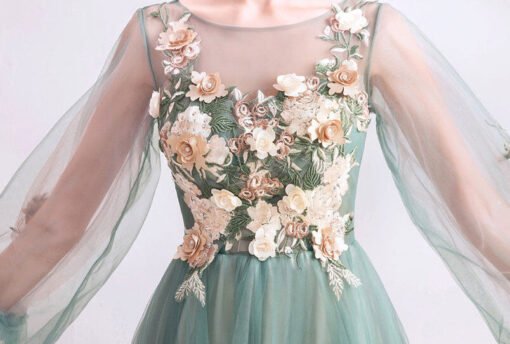 Long Sleeve Prom Dress With Flowers A Line Sale - Image 6