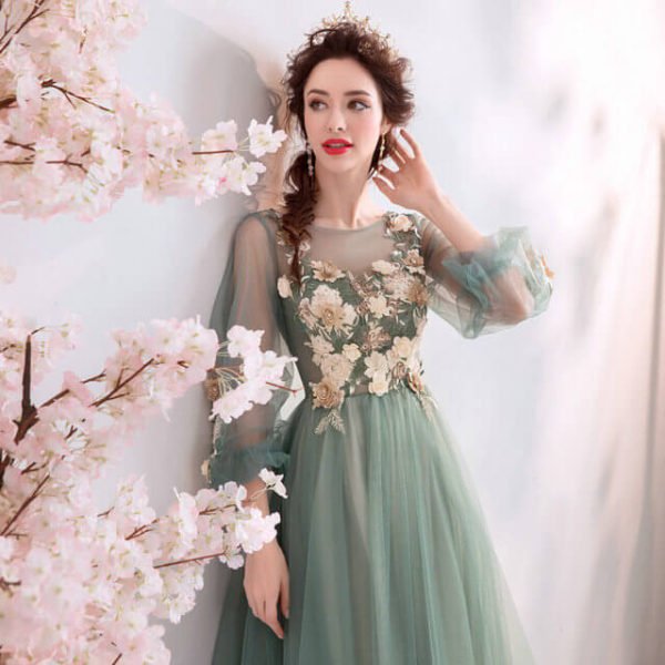Long Sleeve Prom Dress With Flowers A Line Sale - Image 5