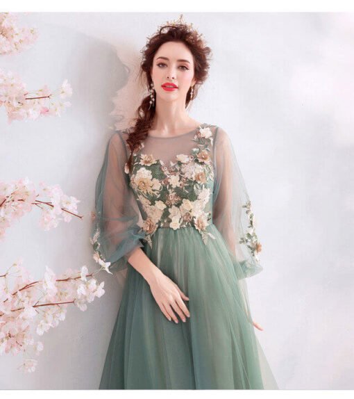 Long Sleeve Prom Dress With Flowers A Line Sale - Image 4