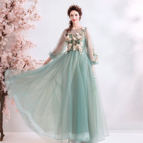 Long Sleeve Prom Dress With Flowers A Line Sale - Image 3