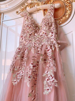 V Neck Long Dress Pink Long Lace Beading Bridesmaid Dress